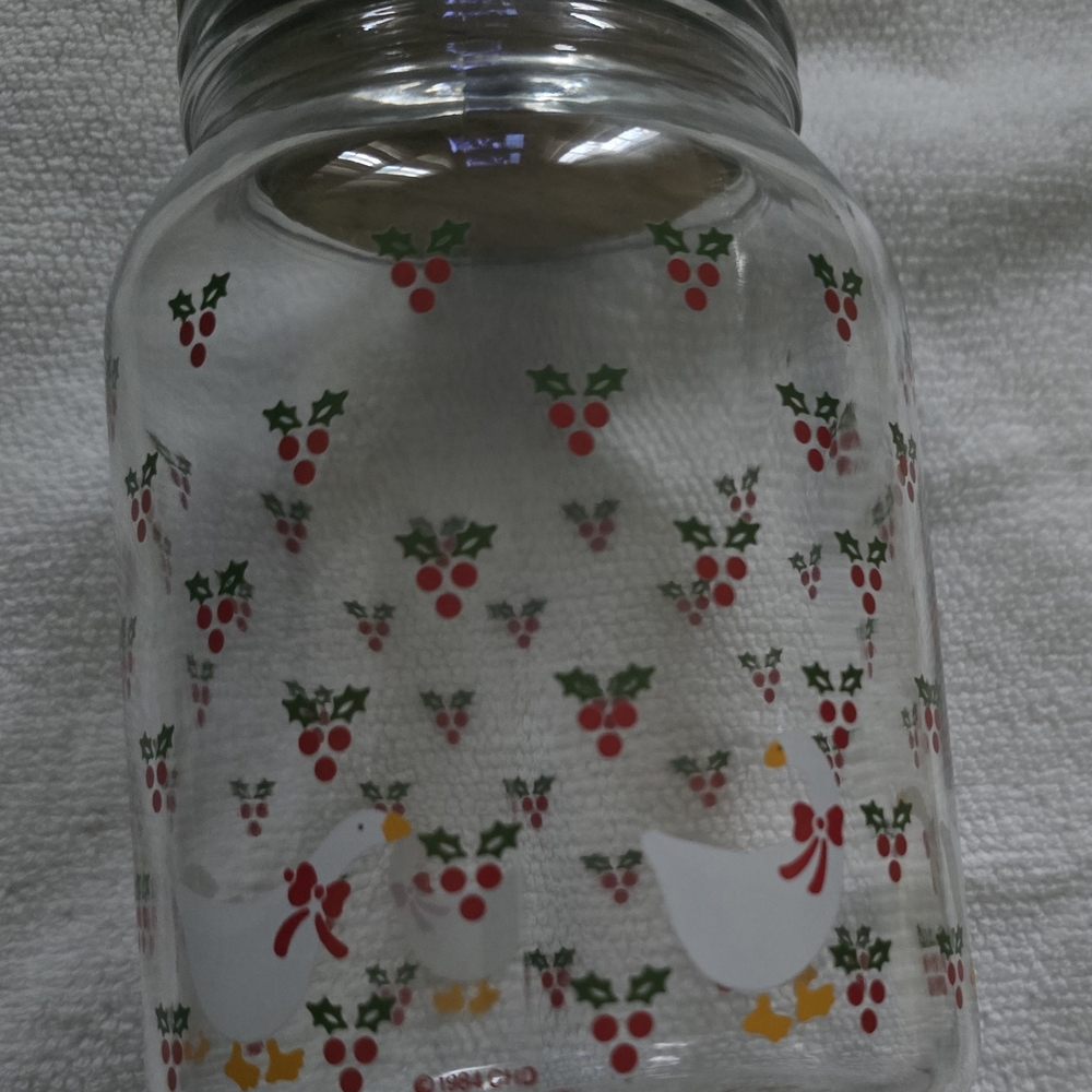 Festive Glass Jar with Goose/Duck and Holly Design - 1984